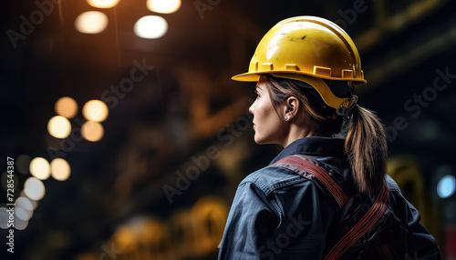 Woman in construction helmet at production factory, March 8 World Women's Day photo