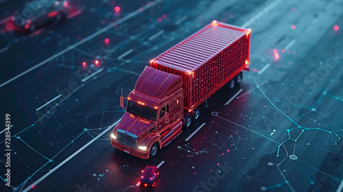 Container-laden truck on map—GPS tracking unveils real-time journey. Precision and efficiency converge as technology monitors the seamless transport route.