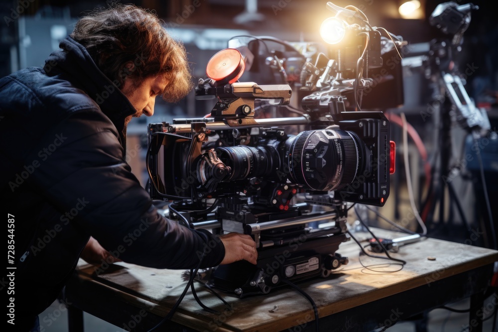 A man is seen working on a camera in a dark room. This image can be used to depict a photographer or filmmaker working on their equipment in a professional setting A man is seen working on a camera in a dark room. This image can be used to depict a photographer or filmmaker working on their equipment in a professional setting