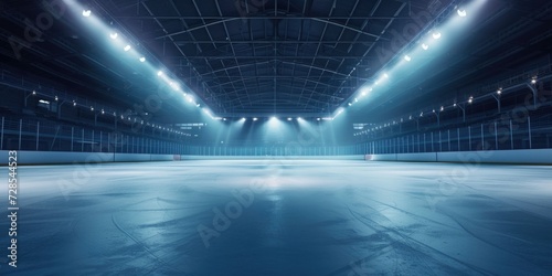 An empty hockey rink with lights shining on the ice. Perfect for sports-related projects or winter-themed designs