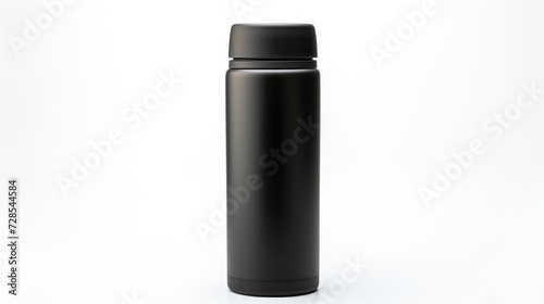 A black thermos bottle sitting on a clean white background. Perfect for showcasing a hot beverage or promoting sustainability.