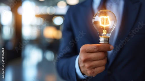 Close-up, Hand of businessman holding illuminated light bulb, idea, innovation and inspiration concept photo