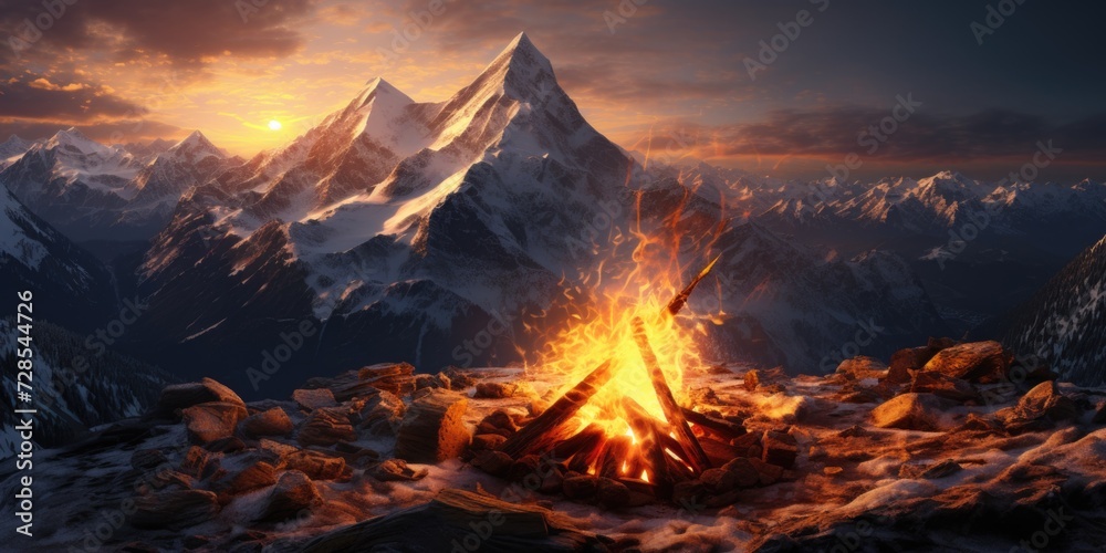 A campfire burning brightly in the middle of a picturesque mountain range. Perfect for outdoor adventure and camping themes