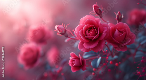 Vibrant red roses with dewdrops on a dreamy pink background  suitable for romantic and floral themes.