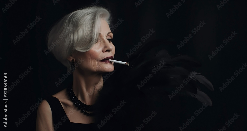 Fototapeta premium Old woman smoking cigarette at home elegant adult well-groomed stately fashionable stylish studio photo on a black background dress photo shoot the dangers of smoking