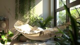 A cozy hammock hangs in a room filled with vibrant plants, creating a relaxing and natural atmosphere. Perfect for interior design projects or showcasing a tranquil lifestyle