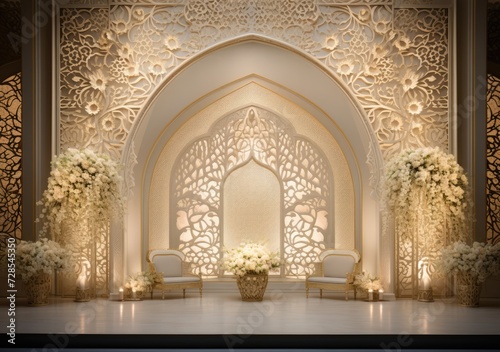 White wedding backdrop aesthetic flower wreath decoration indoor background © Fauzan