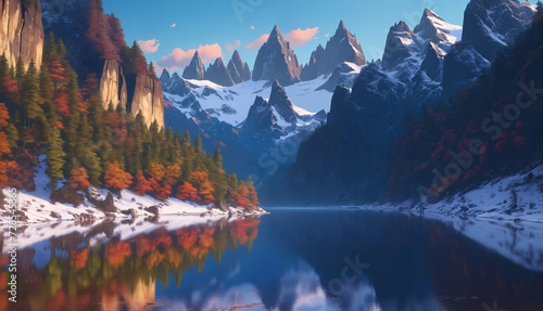 Autumn landscape: majestic snow-covered mountain range reflected in the serene waters of a lake, surrounded by lush forest under a blue sky