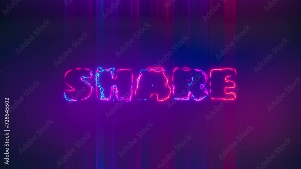 Share Title in dynamic and multicolor animated neon letters lit with lightnings. 4K clip on dark blue background with colorful glowing and moving strips and copy space. Share Title in dynamic and multicolor animated neon letters lit with lightnings. 4K clip on dark blue background with colorful glowing and moving strips and copy space.