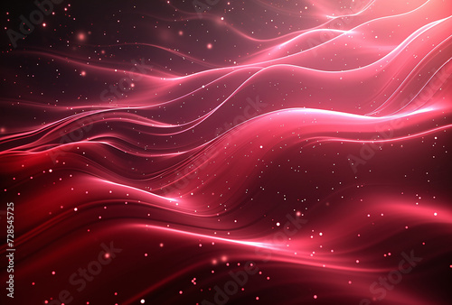 Abstract pink and red neon light waves with glowing particles, futuristic technology background.