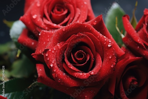 A close-up view of a bunch of vibrant red roses. This image can be used to convey feelings of love  romance  and beauty. Ideal for greeting cards  wedding invitations  or floral-themed designs