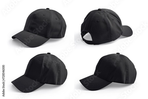 Four black baseball caps on a white background. Perfect for sports teams, events, or casual wear