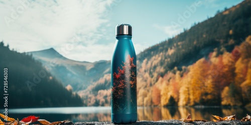 A blue water bottle sits on top of a rock. Suitable for outdoor adventure and nature-themed designs photo