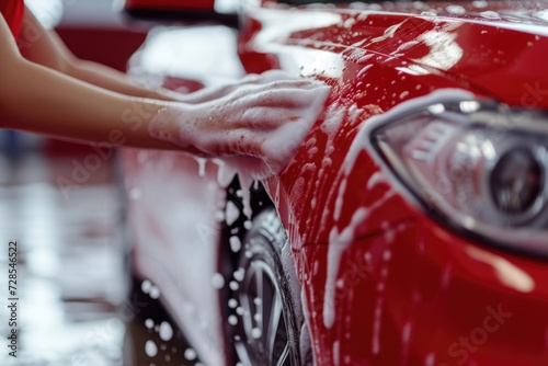 A person is seen washing a red car with soap. This image can be used to showcase car maintenance and cleaning