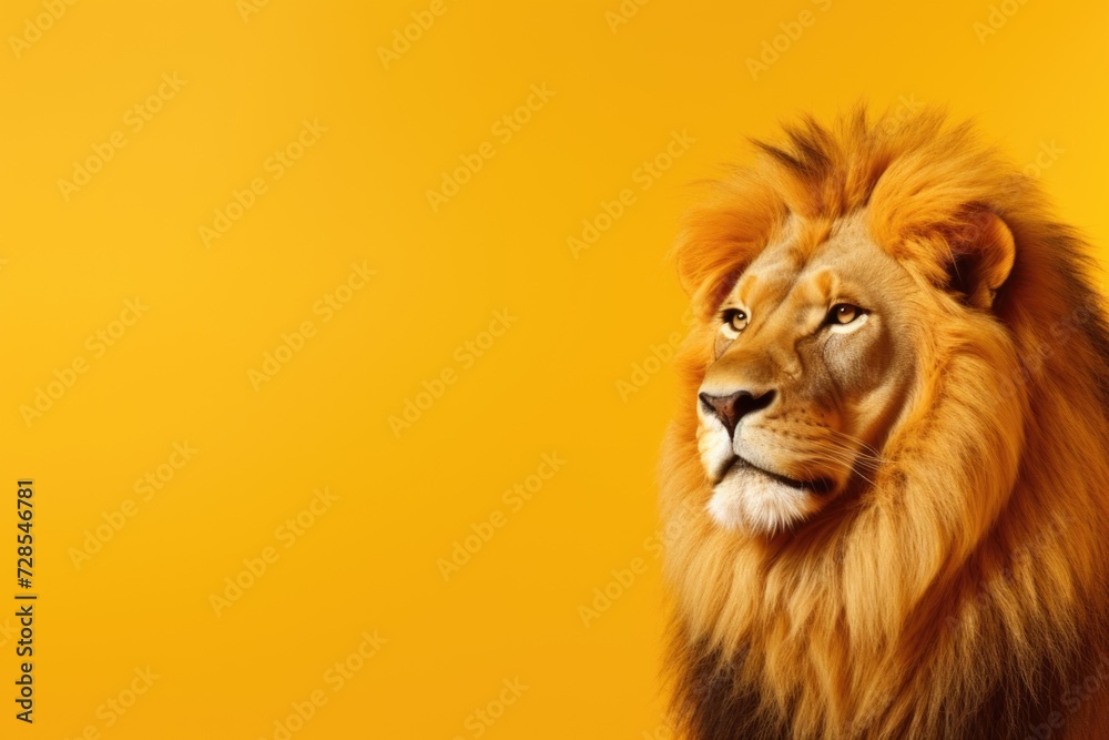 A close-up photograph of a lion on a vibrant yellow background. This image can be used for various purposes