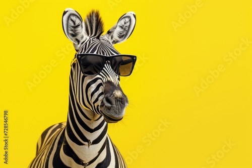 Close up of a zebra wearing sunglasses. Perfect for adding a touch of fun to your designs