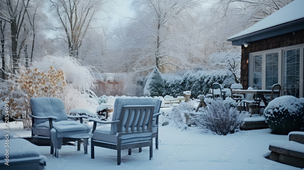 Back yard of house, trees and standing outdoor furniture covered in snow. Snowy winter day, cold weather season Back yard of house, trees and standing outdoor furniture covered in snow. Snowy winter day, cold weather season