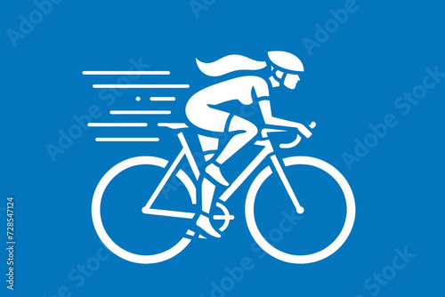 Women's cycling. A woman rides a bicycle on the highway. White outline icon, logo. On a blue background