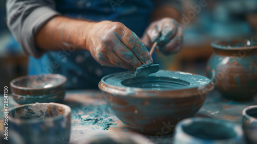 craftsman preparing blue paint in pots
