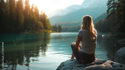 A woman in a lakeside setting, showcasing the peaceful connection between women and natural landscapes