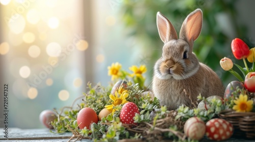 Easter Bunny with Festive Eggs and Flowers