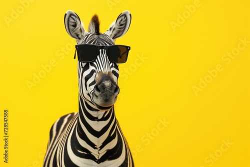 Zebra wearing sunglasses on a vibrant yellow background. Perfect for adding a touch of fun and style to any project