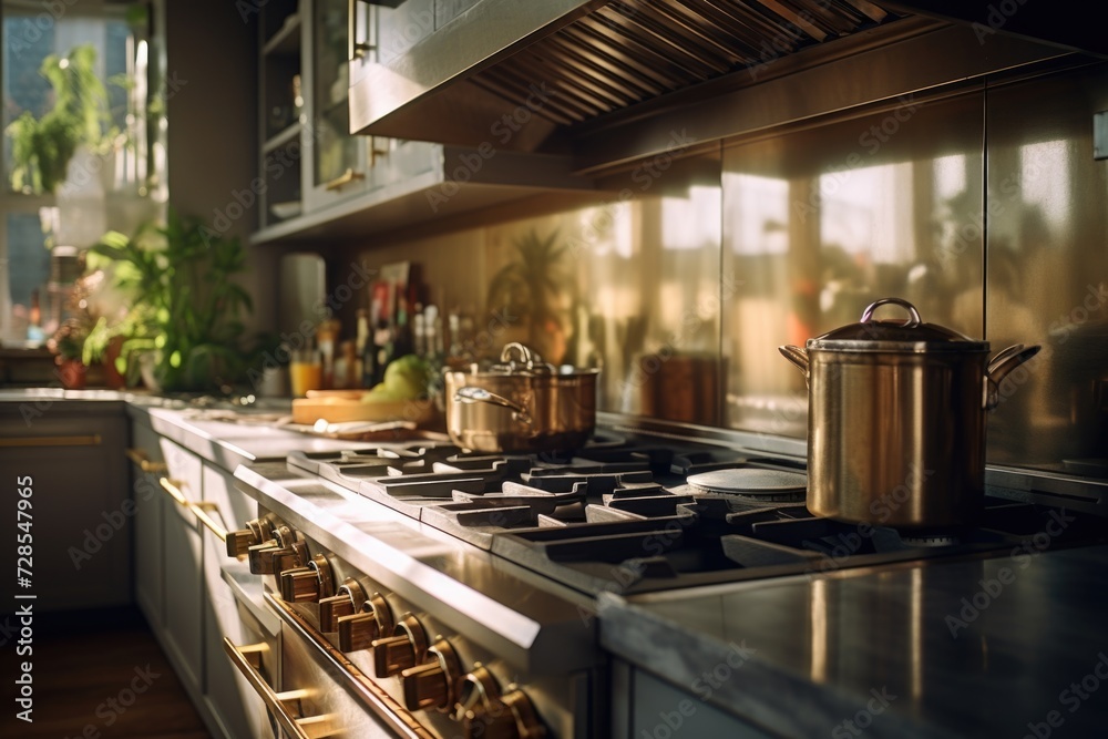 Stove with pots and pans in the kitchen. Perfect for cooking and culinary concepts