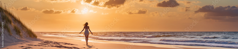 A serene sunset stroll: a woman walking alone on the ocean beach at dusk, with hair blowing in the wind, against a scenic backdrop of sky, clouds, water, and waves, leaving footprints in the sand A serene sunset stroll: a woman walking alone on the ocean beach at dusk, with hair blowing in the wind, against a scenic backdrop of sky, clouds, water, and waves, leaving footprints in the sand