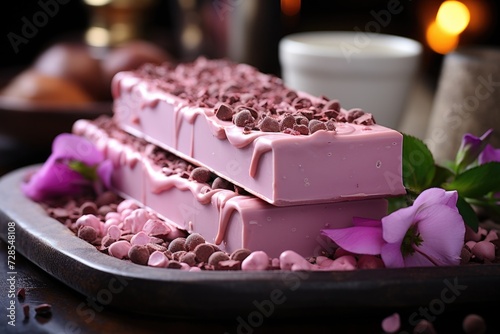 Pink chocolate bar served with delicious candy chocolate and cream, generative IA