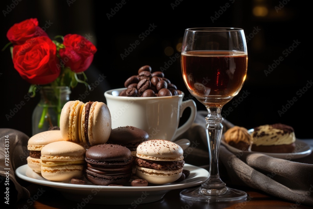 Chocolate ball macaroons and coffee glass with white cloth ingredients, generative IA