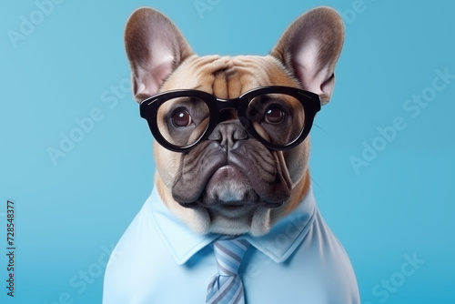 Funny French bulldog wearing glasses with black frames. Portrait of a cute pet. Fashionable and stylish dog wearing glasses on a turquoise isolated background. © Rita