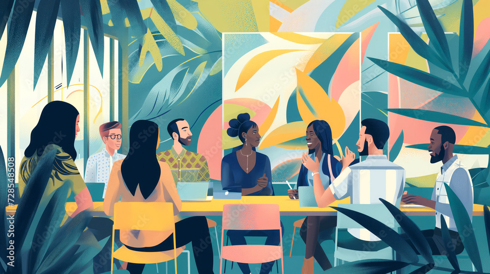 An inclusive workplace scene depicting a diverse group of employees collaborating and sharing ideas