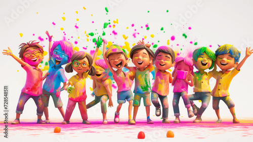 Animated 3D characters indulging in a lively Holi celebration  Illustration 