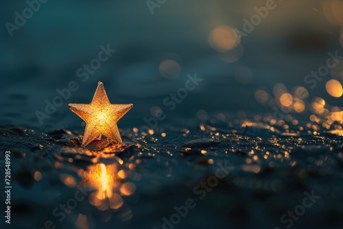 A star is sitting on a wet surface. This image can be used to depict a celestial object in a natural environment