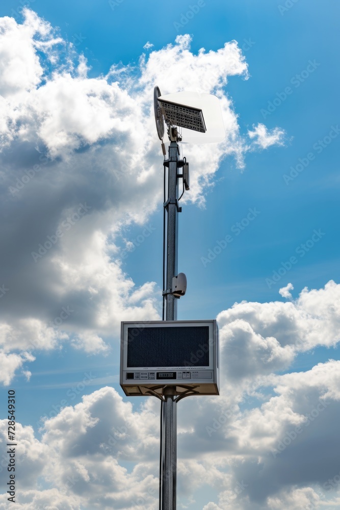 A street light on a pole against a backdrop of clouds. Suitable for urban or outdoor themes