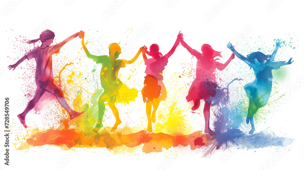 Hand-drawn illustration of a group of friends joyfully playing holi with vibrant colors