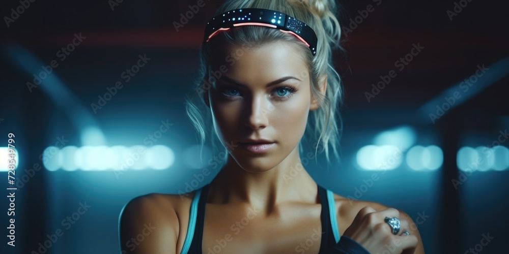Fototapeta premium A woman confidently poses for a picture while wearing a sports bra top. Perfect for fitness and lifestyle related projects