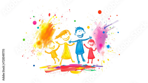 Hand-drawn illustration of a group of friends joyfully playing holi with vibrant colors © Graphic Grow