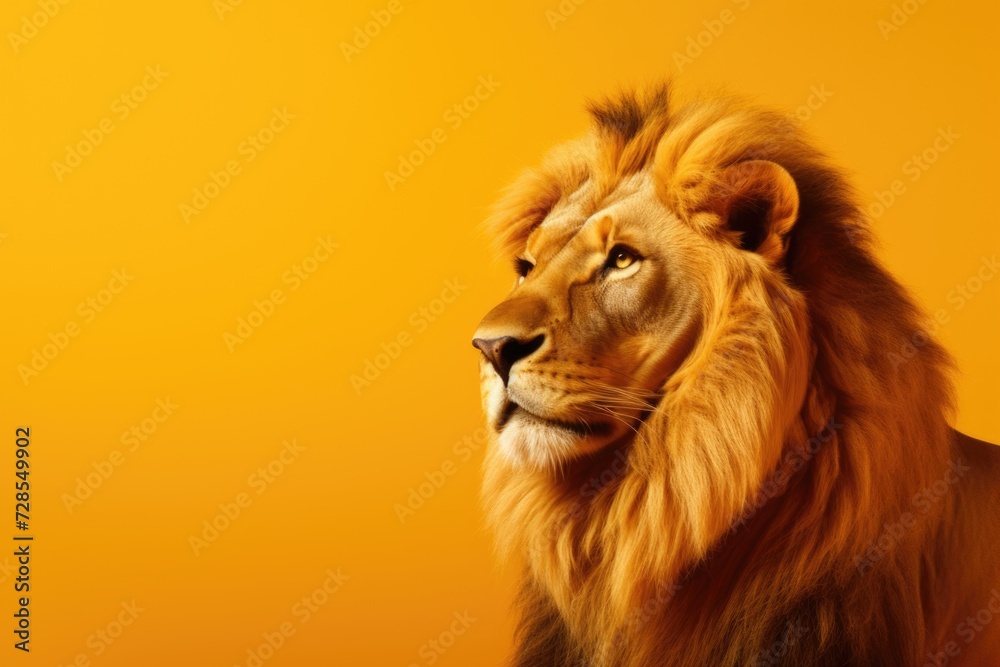 Close-up view of a lion captured against a vibrant yellow background. Perfect for wildlife enthusiasts and animal lovers alike