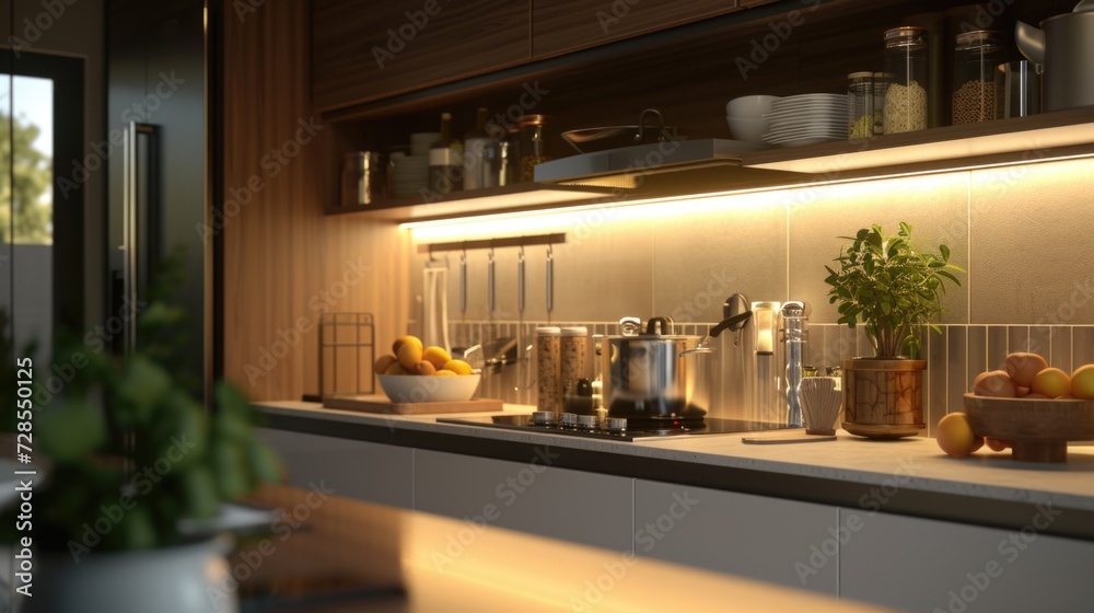 A simple and clean kitchen counter with a vibrant potted plant. Perfect for adding a touch of nature to any kitchen setting