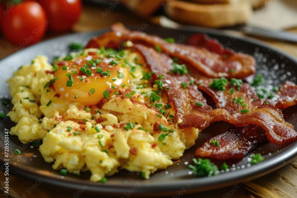 A delicious plate of scrambled eggs and bacon topped with fresh chives. Perfect for breakfast or brunch A delicious plate of scrambled eggs and bacon topped with fresh chives. Perfect for breakfast or brunch