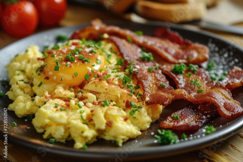 A delicious plate of scrambled eggs and bacon topped with fresh chives. Perfect for breakfast or brunch