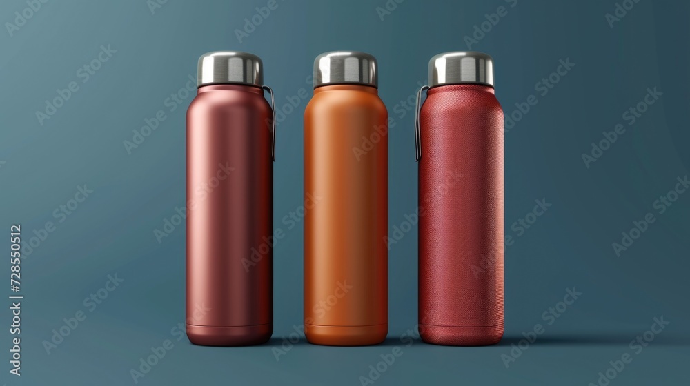 Three different colored stainless steel water bottles on a vibrant blue background. Perfect for promoting hydration and eco-friendly lifestyle choices Three different colored stainless steel water bottles on a vibrant blue background. Perfect for promoting hydration and eco-friendly lifestyle choices