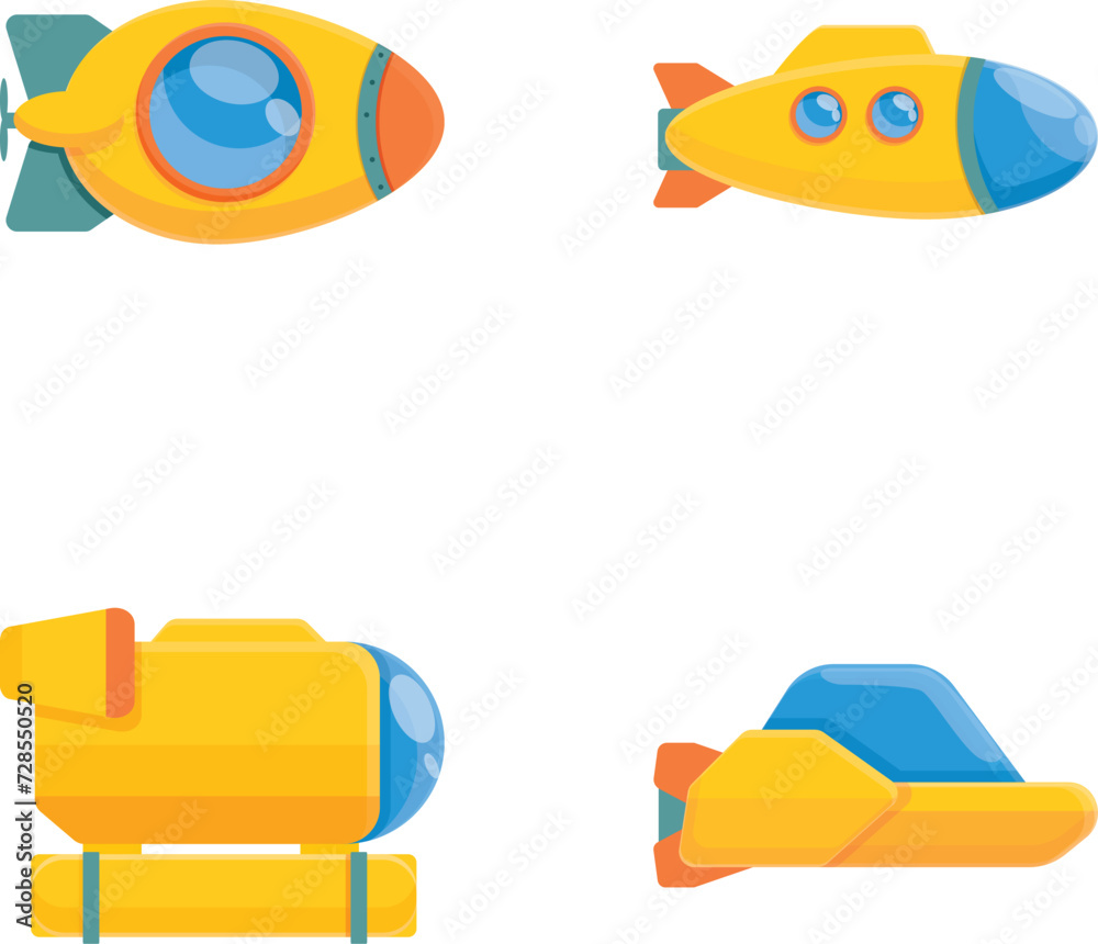 Cartoon submarine icons set cartoon vector. Yellow childish submarine. Underwater vessel, toy