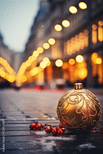 A gold Christmas ornament displayed on a city street. Perfect for holiday-themed designs and festive decorations