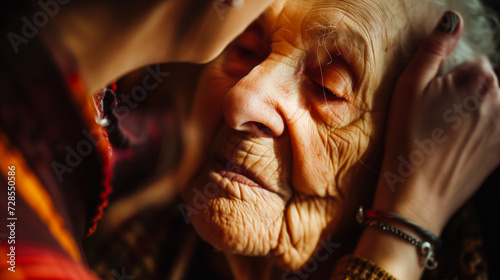 Professional close-up photograph of a caregiver tending to an elderly person