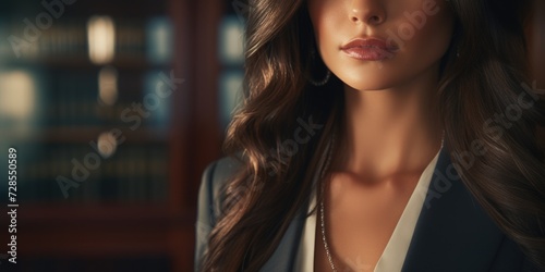 A woman with long hair wearing a suit and a necklace. Suitable for professional, corporate, and business-related themes photo