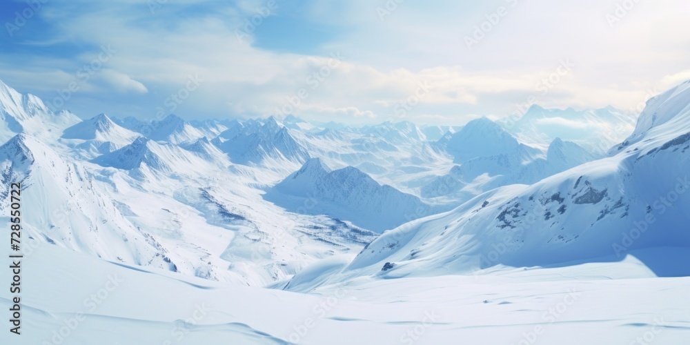 Fototapeta premium A person on a snowboard navigating the slopes of a snowy mountain. Ideal for winter sports enthusiasts and outdoor adventure promotions