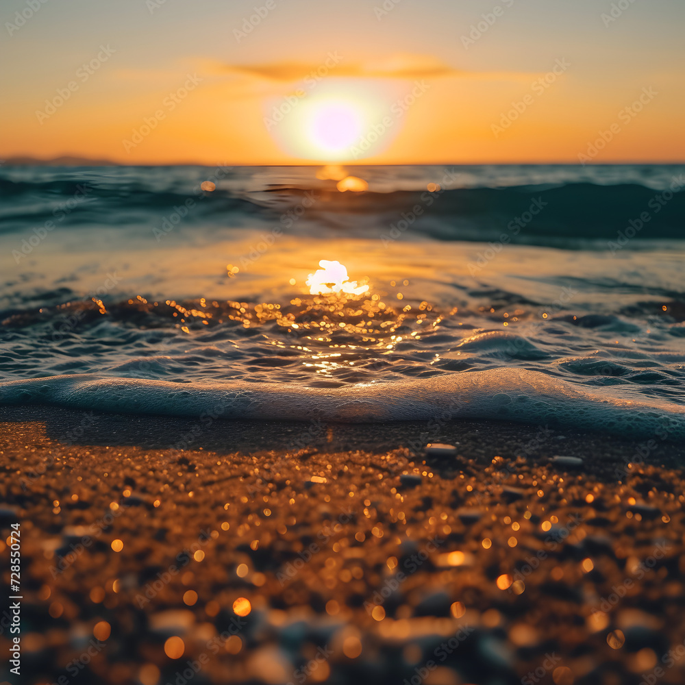 Φωτογραφία Ground level closeup of sandy shore on background of sea at amazing sundown in summer