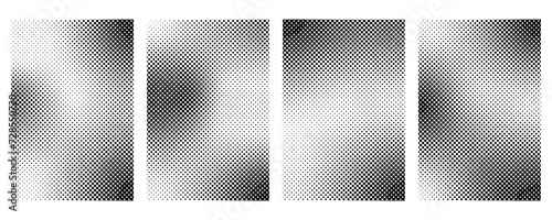 Trendy abstract gradient backgrounds. Set of halftone dots of different shapes isolated on a white background. Vector halftone collection. Modern style of the 90s - 2000s.
